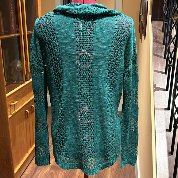 Teal Open Weave Cowl Neck Long Sleeve Sweater - Picture 2 of 7
